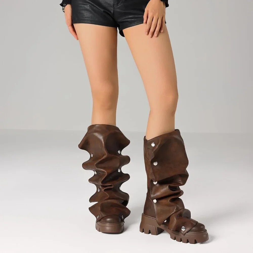Women's Brown Pu Fold Over Knee Slouchy Ruched Stacked Heel Round Toe Boots